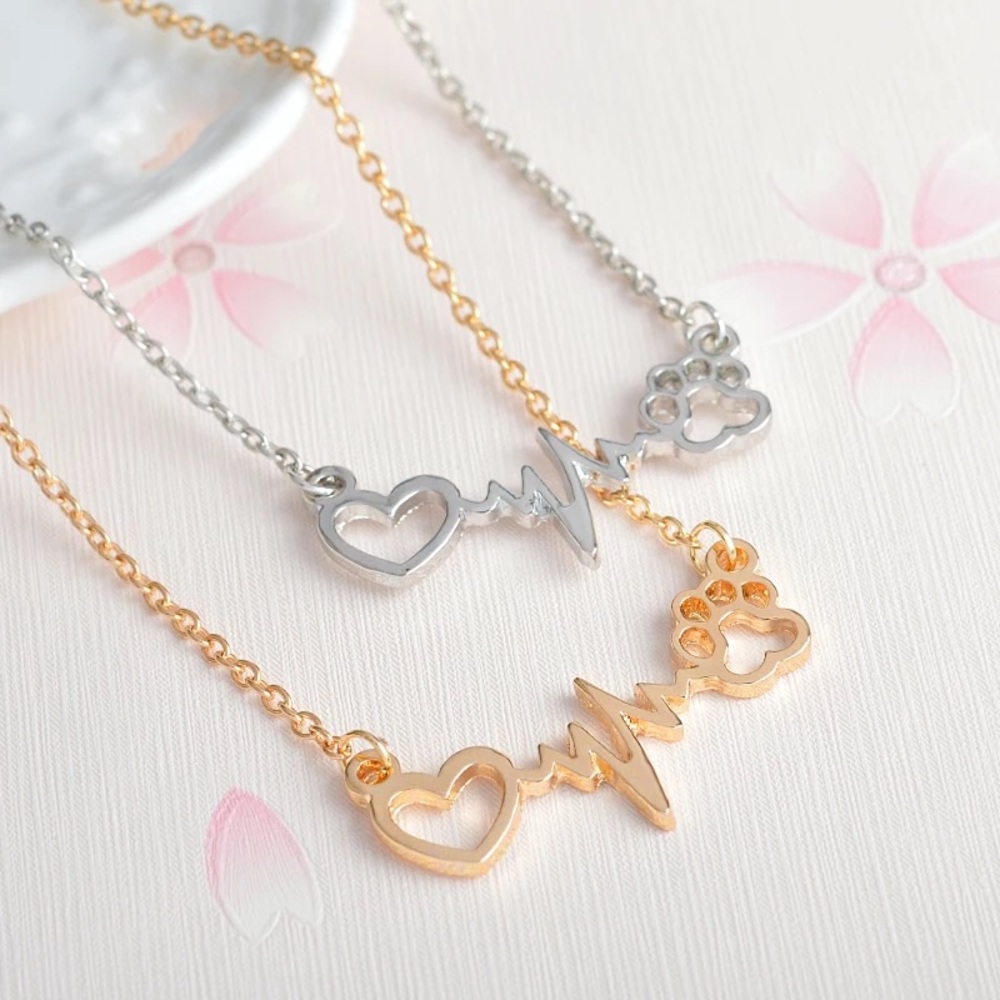 Animal Paw Print Heartbeat Necklace - Picture 2 of 7